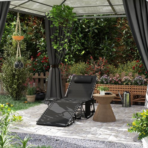 Outsunny Folding Sun Lounger with Side Table, 5-Level Adjustable Reclining Sun Lounger Chair, Portable Garden Recliner Sunbed with Side Pocket, Head Pillow for Patio, Beach, Black