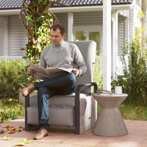 Outsunny Rattan Garden Recliner Chair, Reclining Rattan Chair with Adjustable Backrest and Footrest, Outdoor Lounge Sun Lounger with Cushion, Side Tray and Aluminium Armrests, Light Grey/Dark Grey
