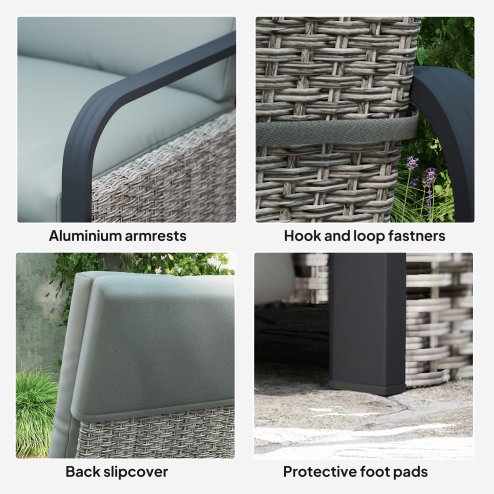 Outsunny Rattan Garden Recliner Chair, Reclining Rattan Chair with Adjustable Backrest and Footrest, Outdoor Lounge Sun Lounger with Cushion, Side Tray and Aluminium Armrests, Light Grey/Dark Grey
