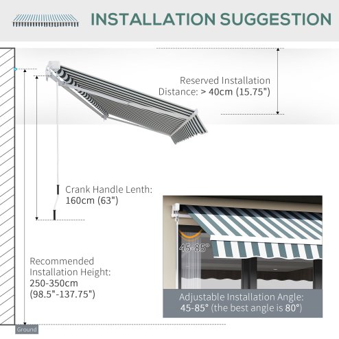 Outsunny 2.5m x 2m Garden Patio Manual Awning Canopy Sun Shade Shelter Retractable with Winding Handle Green and White