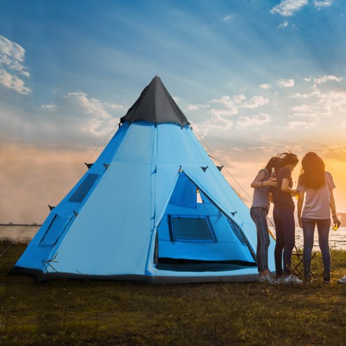 Outsunny 6 Men Tipi Tent, Camping Tent with Mesh Windows, Sewn-in Floor, Two Doors and Carry Bag, Easy Set Up, for Hiking Picnics Outdoor Night, Blue