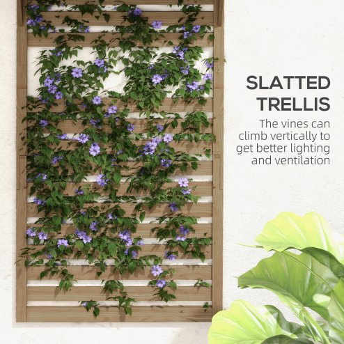 Outsunny Set of 2 Wall Mounted Plant Stand with Trellis, 170cm Wooden Plant Rack with Hanging Planter Shelves and Slatted Trellis for Climbing Plants, for Patio, Balcony, Porch, Natural