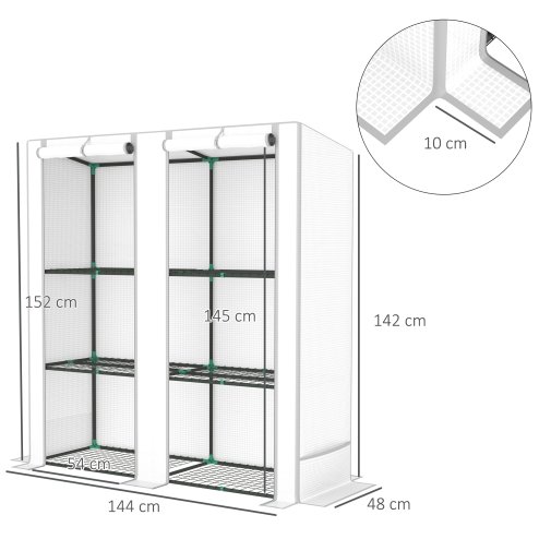 Outsunny 3 Tier Lean-to Mini Greenhouse with Reinforced PE Cover, Portable Small Greenhouse with Roll-Up Door, Grey Hemmed Edging, 144 x 48 x 152cm, White