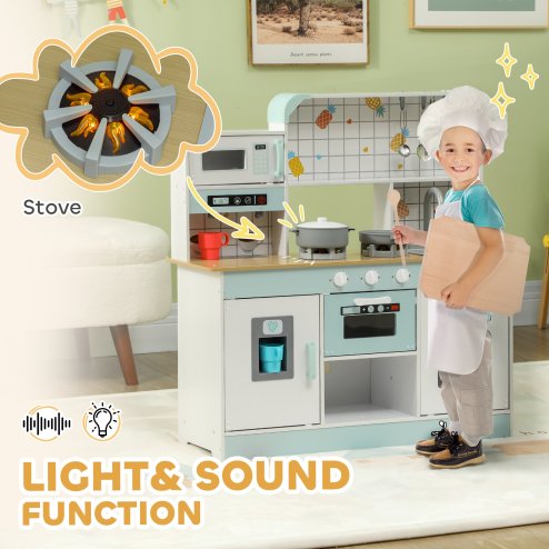 AIYAPLAY Toy Kitchen, Pretend Role Play Kitchen with Hob, Sound, Light, Coffee Machine, Ice Maker, Microwave, Oven, Storage Space, for Boys and Girls, Ages 3_ Years