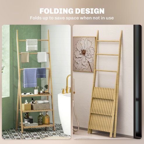 HOMCOM Folding Bathroom Storage Shelves, 3-Tier A-Frame Bamboo Storage Shelving Unit with Towel Bars, Freestanding Shelves Rack Organiser for Living Room, Natural