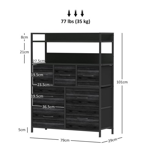 HOMCOM Bedroom Chest of Drawers, Fabric Dresser with 7 Drawers, Storage Organiser Unit with Open Shelves and Metal Frame for Living Room, Entryway