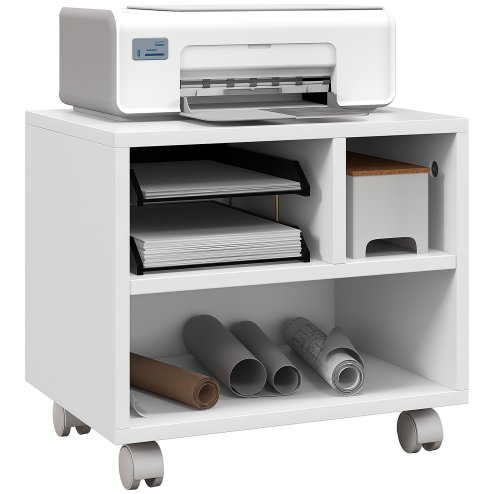 HOMCOM 2-Tier Printer Stand with Storage, Under Desk Printer Cart on Wheels with 3 Compartments, Desktop Printer Table for Home Office, White