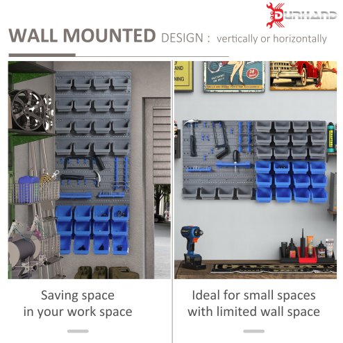 DURHAND 44 Pcs On-Wall Garage DIY Storage Unit with 28 Cubes 10 Hooks 2 Boards Screws Organisation Pegboard Tool Equipment Blue
