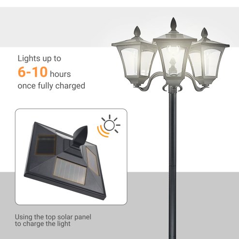 Outsunny 1.8m Traditional Victorian Style 3 Way Head Outdoor Garden Solar Post Lamp Sensor Dimmable LED Lantern Bollard Pathway IP44 - Black