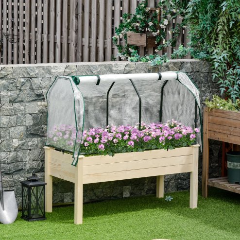 Outsunny Raised Garden Bed with PE Greenhouse Cover, Outdoor Elevated Wood Planter Box for Herbs and Vegetables, Use for Patio, Garden, Balcony, 121 x 55 x 117cm, Nature Wood Finish