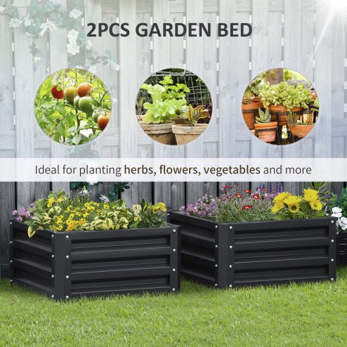 Outsunny Set of 2 Raised Garden Bed, Outdoor Planter Box with Galvanised Steel Frame for Growing Vegetables, Flowers and Herbs, 60 x 60 x 30.5 cm, Grey