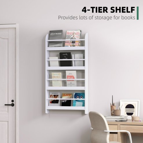HOMCOM Hanging Wall File Holder, 4 Tier Desk Tidy Organiser, Paper Document Magazine Storage Rack with Wooden Baffles for Office Home, Accessories Supplies, White