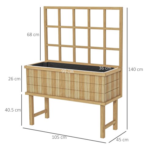 Outsunny Wooden Raised Planter with Trellis for Vine Climbing Plants, Elevated Garden Bed with Drainage Holes and Bed Liner for Vegetables, Flowers, Herbs, 105 x 45 x 140cm, Natural