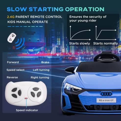 HOMCOM Audi RS e-tron GT Licensed Electric Cars for Kids Electric Ride-ons 12V Battery Powered Toy w/ Remote Control Music, for 3-5 years, Blue