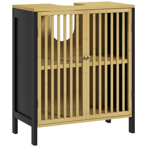 HOMCOM Under Sink Bathroom Cabinet, Bamboo Sink Storage Cabinet, Bathroom Vanity Unit with 2 Slat Doors, Adjustable Shelf and U-Shape Slot for Pipe Fit