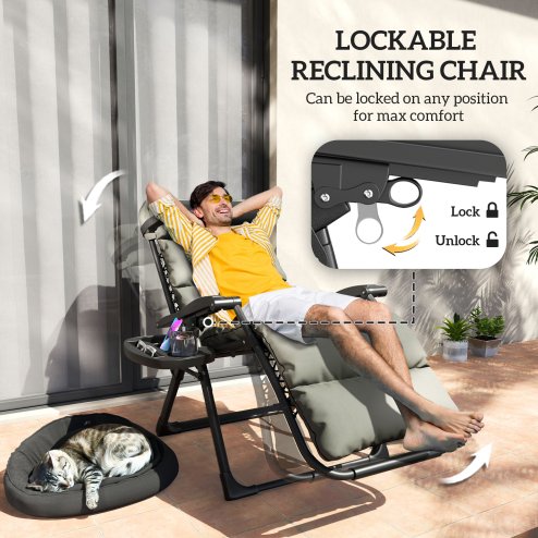 Outsunny Zero Gravity Chairs Set of 2, Folding Reclining Garden Chair, Outdoor Sun Lounger with Cushion, Garden Recliner Chairs with Headrest and Cup Phone Holder Tray for Beach, Grey