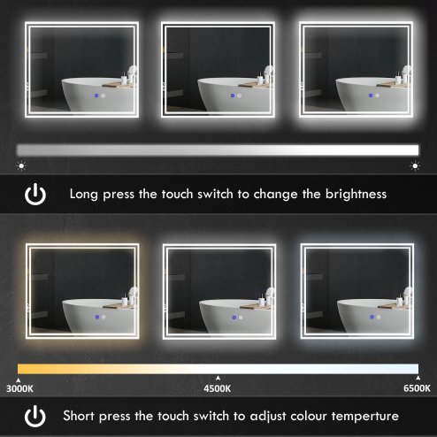 kleankin Bathroom Mirror with LED Lights, Dimmable Makeup Mirror with 3 Temperature Colours, Defogging Film, Memory Function and Aluminium Frame, Hardwired, Horizontal and Vertical, 60 x 50?cm