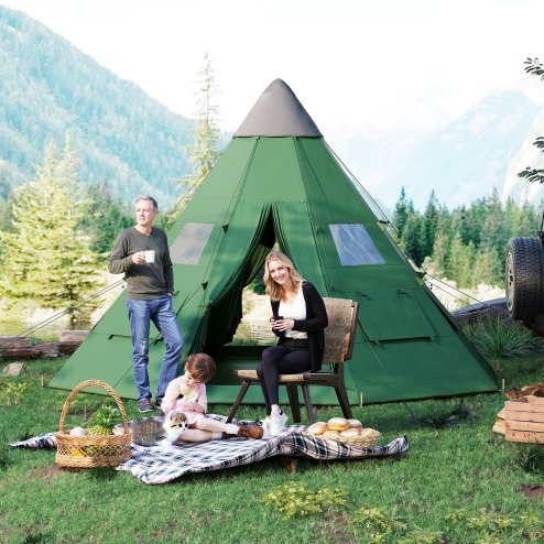 Outsunny 6 Men Tipi Tent, Camping Tent with Mesh Windows, Sewn-in Floor, Two Doors and Carry Bag, Easy Set Up, for Hiking Picnics Outdoor Night, Green