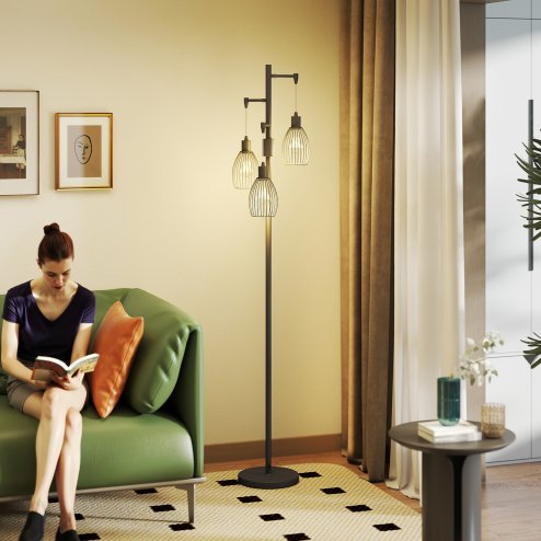 HOMCOM 3-Light LED Floor Lamp, 170cm Industrial Dimmable Standing Lamp with Steel Wire Cage Lampshades, 2700K for Living Room, Bedroom, Dining Room, Study, Black