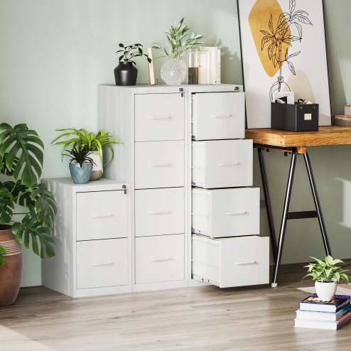 HOMCOM 4 Drawer Filing Cabinet, Vertical File Cabinet with Adjustable Hanging Bar for A4 and Letter Size, Steel Printer Stand for Home Office, White