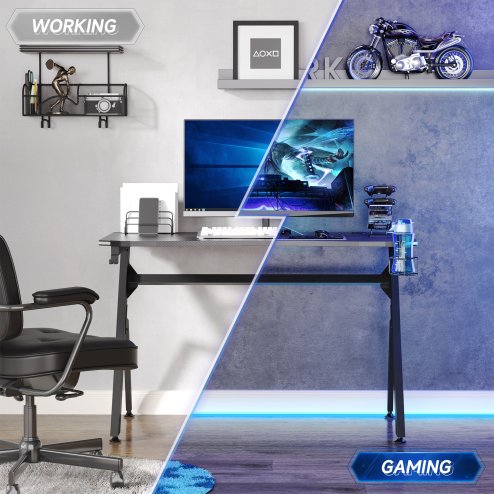 HOMCOM RGB 120 x 66cm Gaming Desk, Computer Table with Carbon Fibre Surface, Headphone Hook, Cup Holder, Controller Rack, Home Office Desk