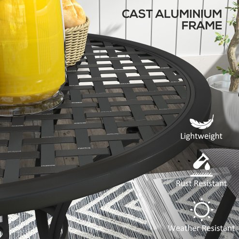 Outsunny 85cm Round Garden Dining Table, Cast Aluminium Coffee Table with Parasol Hole and Adjustable Foot Pad, Patio Table for Outdoor, Balcony, Poolside, Black