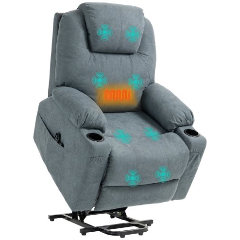 HOMCOM Riser and Recliner Chair for the Elderly, Quick Assembly, Fabric Overstuffed Lift Chair with Vibration Massage and Heat, Remote Control, Side Pockets, Cup Holders, Pocket Spring, Charcoal Grey