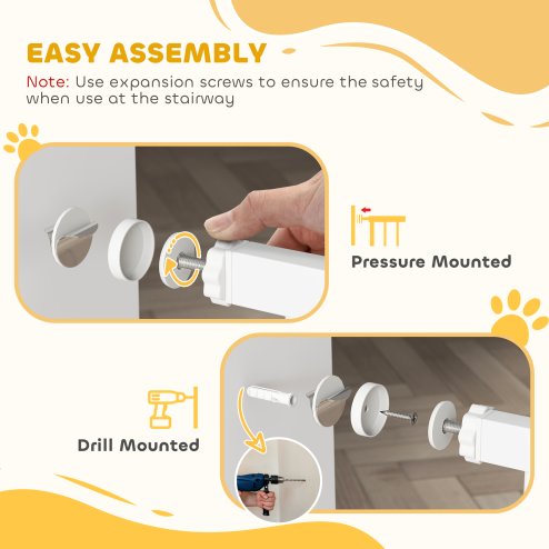 PawHut Dog Gate Wide Stair Gate w/ Door Pressure Fit Pets Barrier for Doorway, Hallway, 76H x 75-115W cm - White