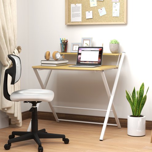 HOMCOM Compact Folding Desk for Small Spaces, Foldable Computer Desk with Storage Shelf for Home Office, 2-Tier Study Writing Table, 86 x 66 x 82 cm, Maple Wood-effect