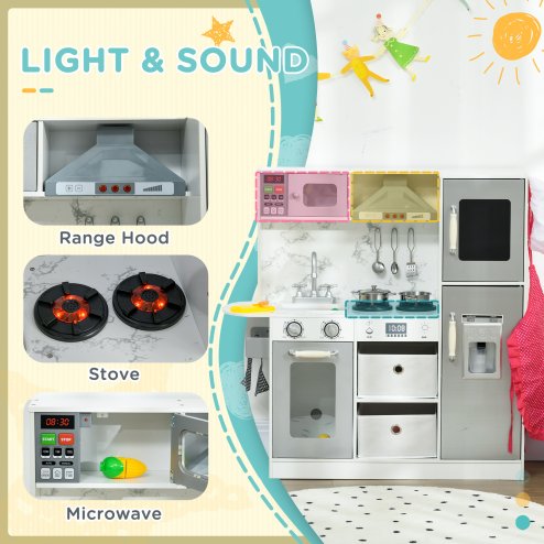 AIYAPLAY Wooden Play Kitchen Kids Toy Kitchen Playset Role Playing Game with Lights, Sounds, Apron and Chef Hat, Ice Maker, Microwave, Range Hood, Utensils, Cuttable Food, for Ages 3-6 Years - White
