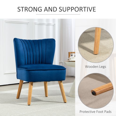 HOMCOM Velvet Accent Chair Occasional Tub Seat Padding Curved Back with Wood Frame Legs Home Furniture Dark Blue