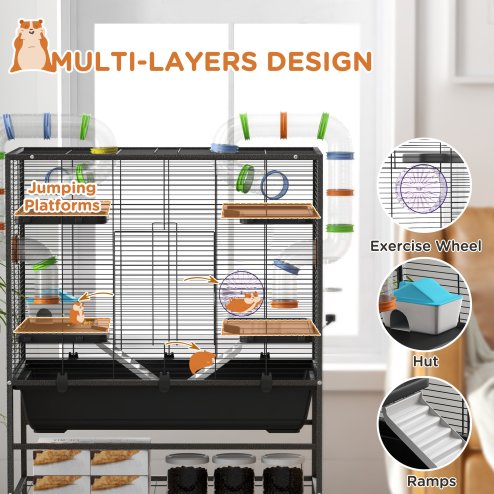 PawHut Large Hamster Cage, Gerbil Cage with Wheels, Tubes, Storage Shelf, Ramps, Running Wheel, Food Dish, Water Bottle, for Syrian Hamster - Black