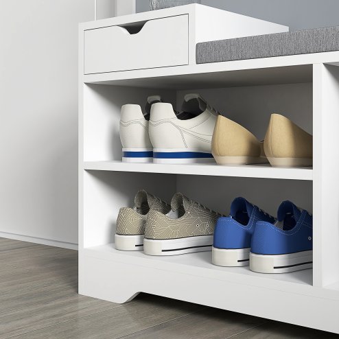 HOMCOM Shoe Storage Bench, Shoe Rack Bench with Seating Cushion, Drawer, 3 Open Compartments and Table Top for Entryway, Hallway
