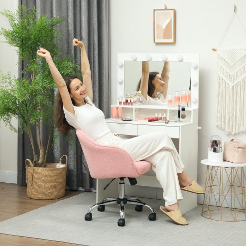 HOMCOM Office Chair, Teddy Fleece Swivel Computer Desk Chair, Makeup Vanity Seat with Adjustable Height for Home Study Bedroom, Pink