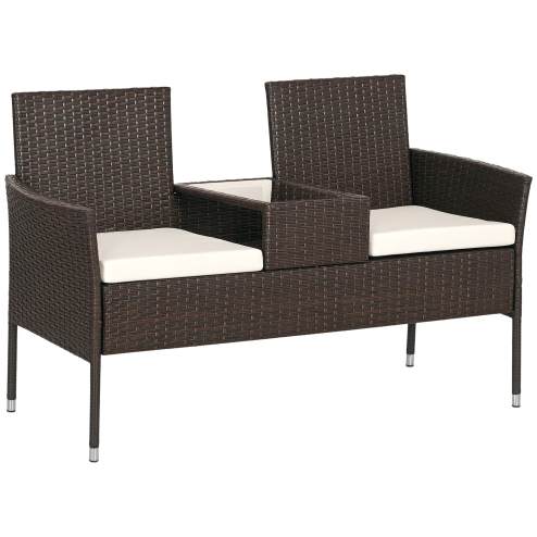 Outsunny 2 Seat Rattan Garden Bench, Patio Wicker Chair with Glass Tea Table, Outdoor Love Seat with Padded Cushions, for Garden, Porch, Brown/Cream White
