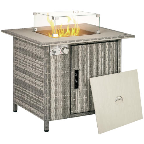 Outsunny Outdoor PE Rattan Gas Fire Pit Table, Patio Square Propane Heater with Rain Cover, Glass Windscreen, and Lava Stone, 50,000 BTU, Grey
