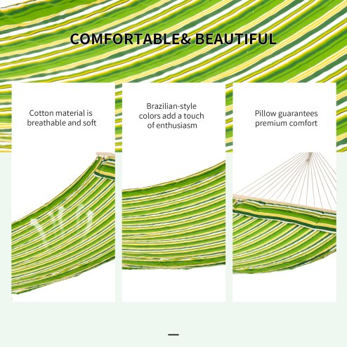Outsunny Double Cotton Hammock Camping Swing Outdoor Garden Beach Stripe Hanging Bed with Pillow, 188 x 140 cm, 180 KG Capacity, Green