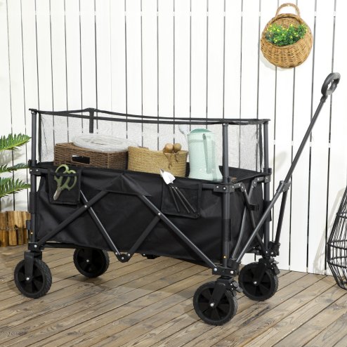 Outsunny 180L Festival Trolley on Wheels, Folding Camping Trolley Cart with Extendable Side Walls and Telescopic Handle, for Garden Beach Fishing, Black