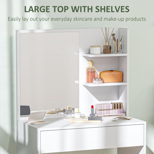 HOMCOM Dressing Table with Mirror, Modern Vanity Desk with Drawer and 3 Open Shelves, Makeup Desk for Bedroom, White