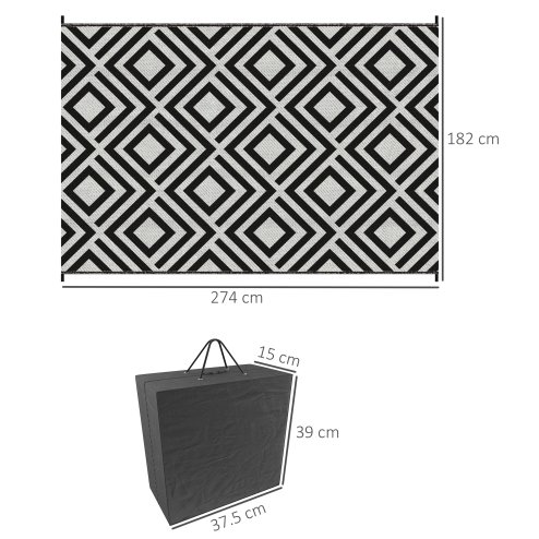 Outsunny Reversible Outdoor Rug with Carry Bag, Waterproof Plastic Straw Mat for Garden, Deck, RV, Picnic, Beach, Camping, 182 x 274cm, Black & White