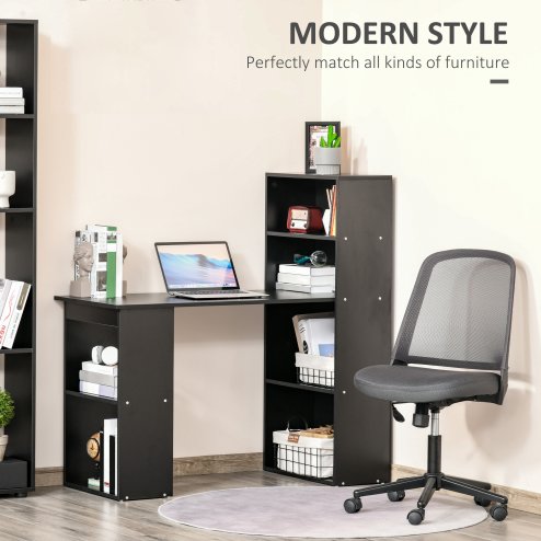 HOMCOM 120cm Computer Desk, Wooden PC Laptop Table with 6-Tier Storage Bookshelves, Home Office Working Study Desk, Writing Workstation, Black