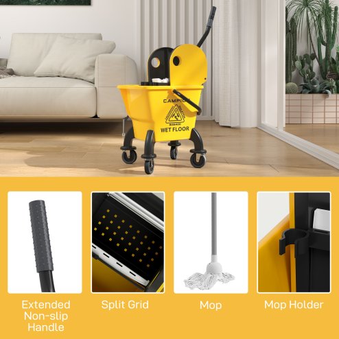 HOMCOM Mop Bucket with Wringer Set on Wheels for Floor Cleaning, 26 Litre Down Press Wringer with Handle and Mop, Yellow