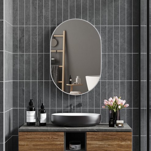 HOMCOM Oval Bathroom Mirror, Modern Wall-mounted Vanity Mirror with Wide Aluminium Frame, Tempered Glass for Living Room, Entryways, Horizontal or Vertical Hanging, 60 x 90cm, Silver