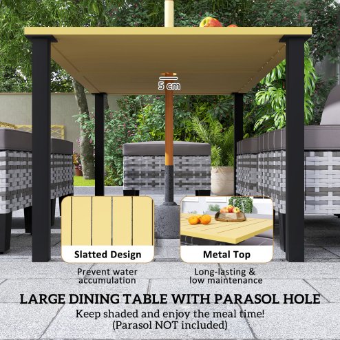 Outsunny 7-Piece Rattan Garden Dining Set, 6 Seater Wicker Garden Furniture Set with Seat and Back Cushions, Umbrella Hole, Patio Table and Chairs with Slatted Metal Top Table for Balcony, Grey