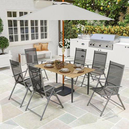 Outsunny Garden Dining Table for 6 Person, Rectangle Outdoor Coffee Table with 5 cm Parasol Hole, Slatted Tabletop and Steel Frame for Patio Balcony, Brown