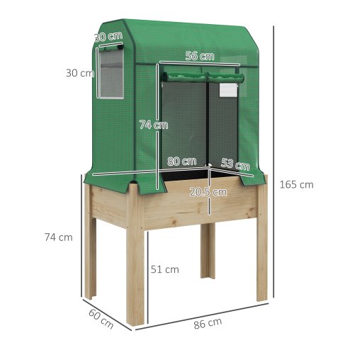 Outsunny Wooden Raised Planter with Plastic Greenhouse Cover and Bed Liner, Elevated Garden Bed for Vegetables, Flowers, Herbs, 86 x 60 x 165cm, Green