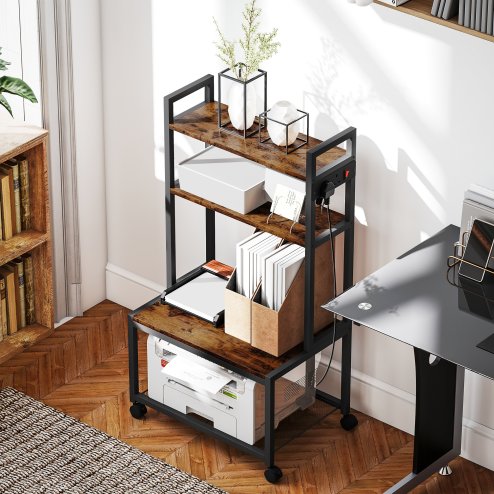 HOMCOM 4-Tier Printer Stand with Power Outlets, Mobile Printer Table with Wheels and Metal Frame for Home Office, Study, Rustic Brown