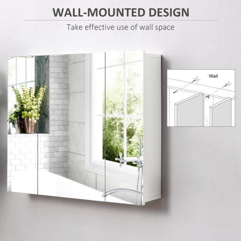 kleankin Bathroom Medicine Cabinet with Mirror, Wall Mounted Bathroom Mirror Cabinet with 3 Doors, Adjustable Shelves, White