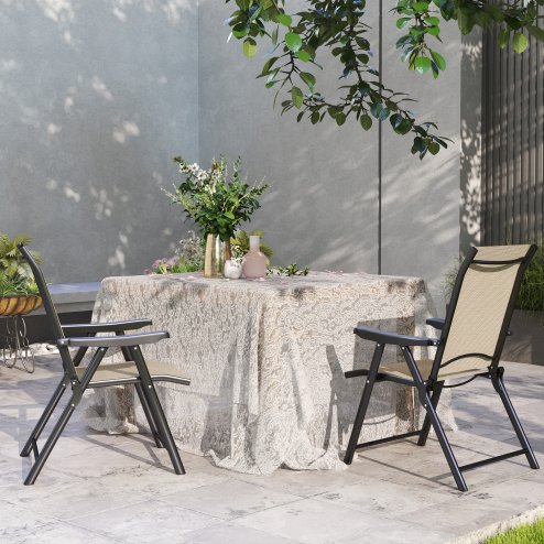 Outsunny Set of 2 Folding Chair, Garden Chair Set with Breathable Mesh Back and Seat, Outdoor Camping Chairs with Armrests, Steel Frame for Deck Balcony, Brown