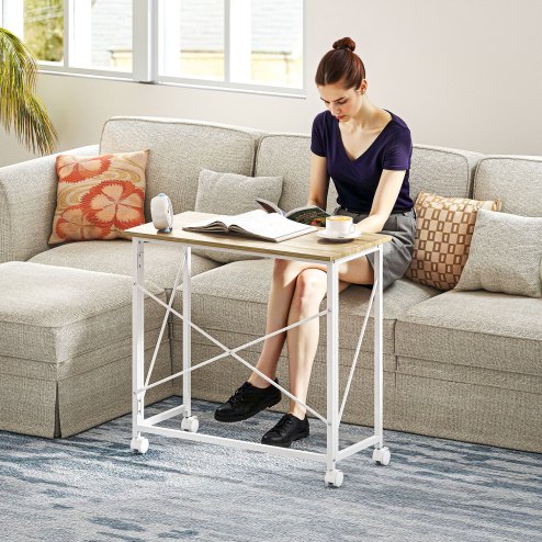 HOMCOM Small Folding Desk, 80 cm Foldable Computer Desk on Wheels for Small Space, Easy Assembly, Space Saving Writing Table for Home Office, Bedroom, Natural Tone